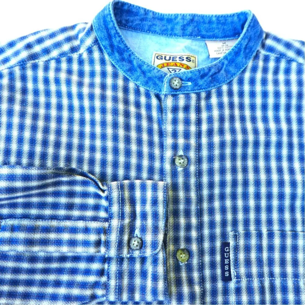 Vintage Guess Denim Plaid Shirt Button Front Solid Blue Band Collar Cotton S
